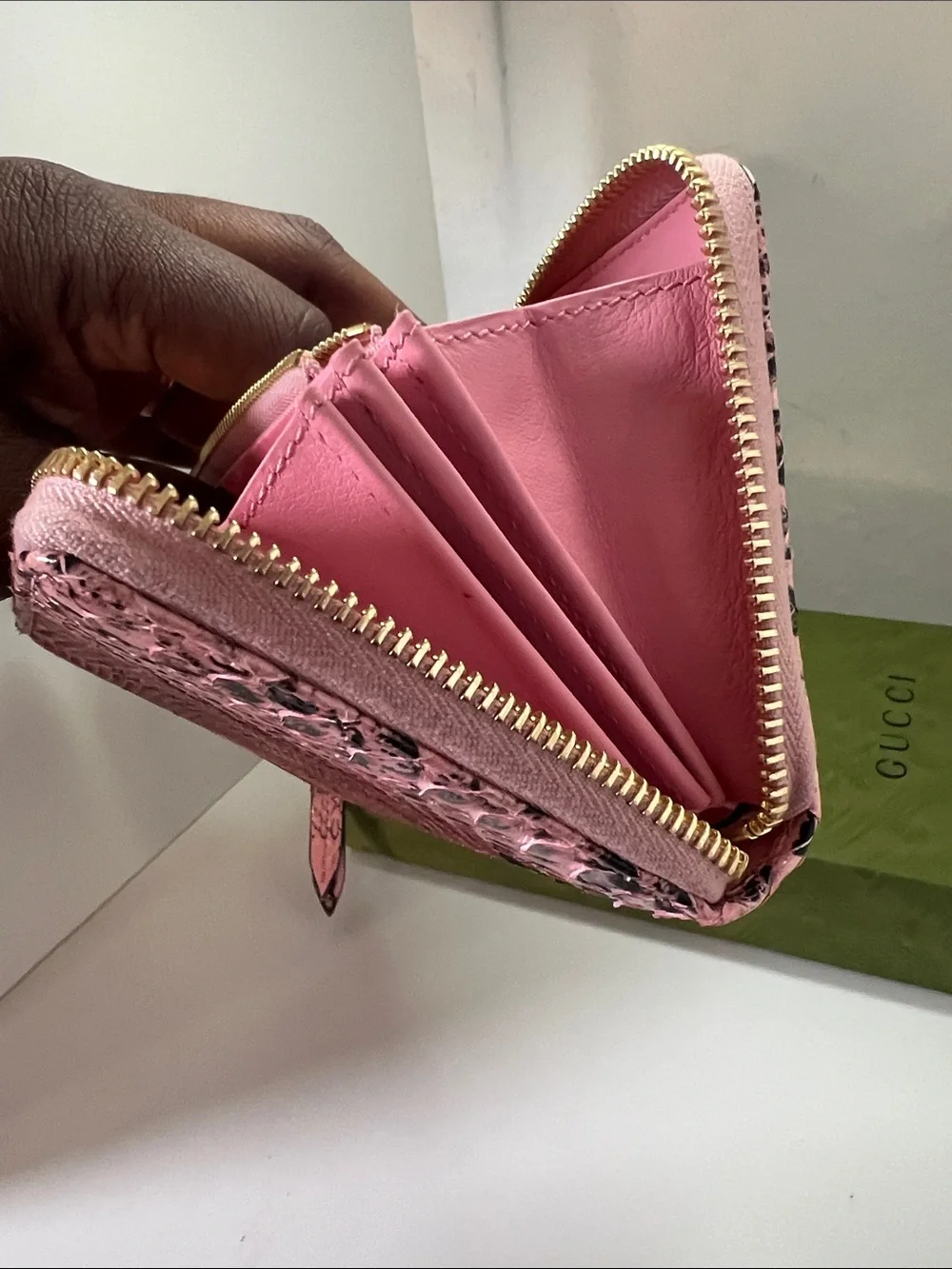 Gucci GG Marmont Zipper Wallet Pink Python Leather Long Wallet